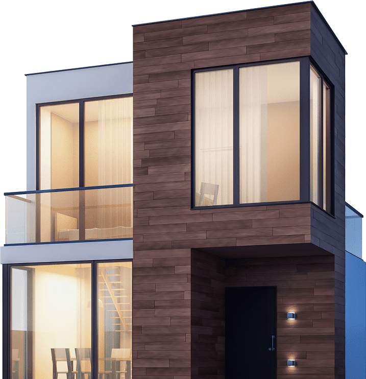 Modern two-story house with large windows. Modern two-story house with large windows.