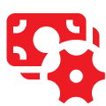 Red gear and money icon on black.