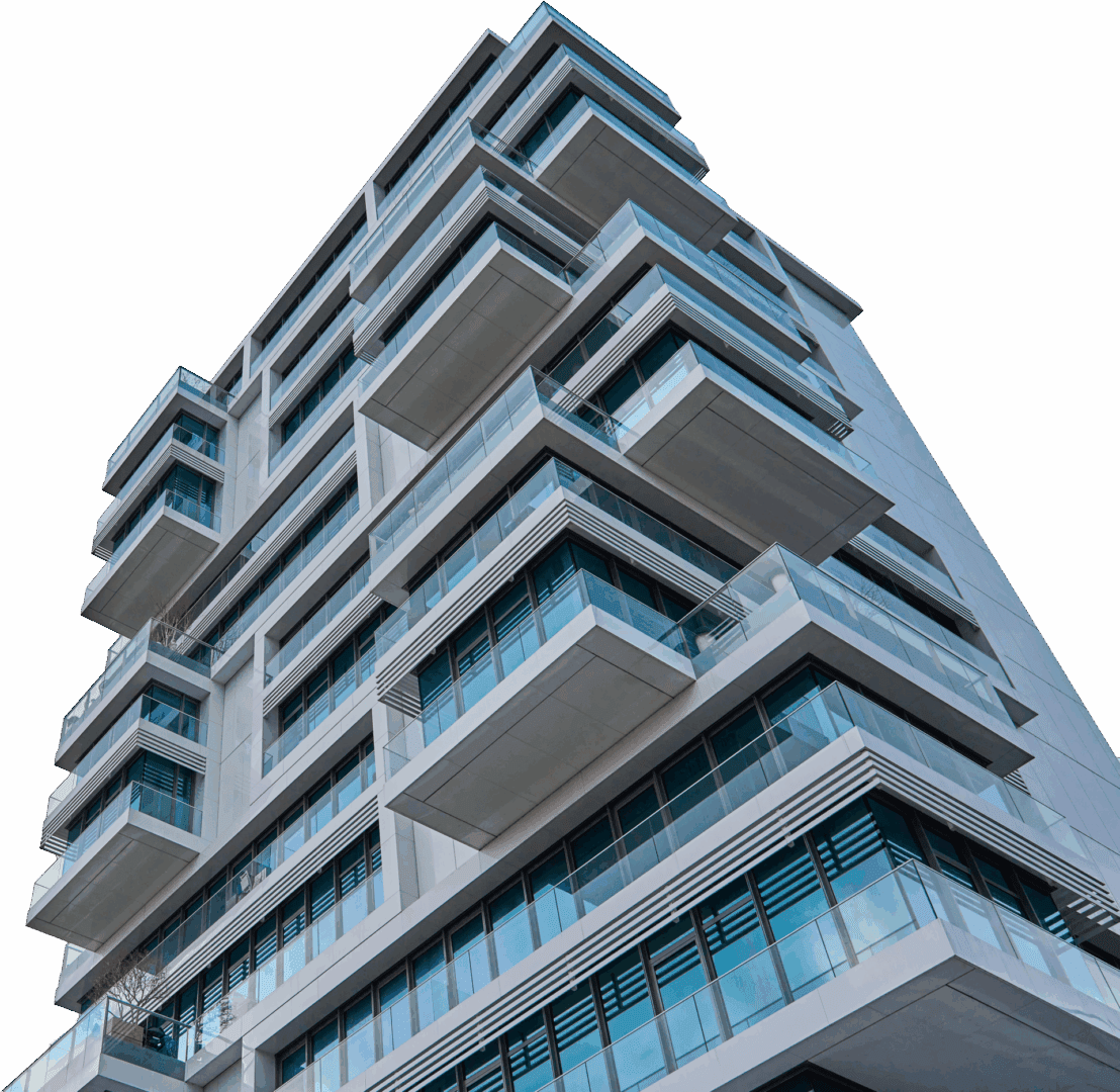 Modern building with geometric balconies, black background.