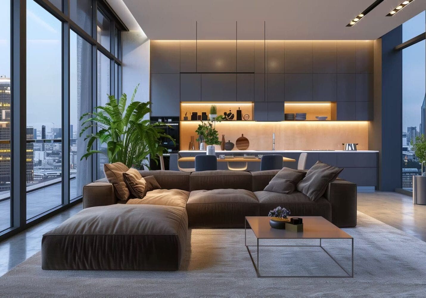 Modern living room with city view.